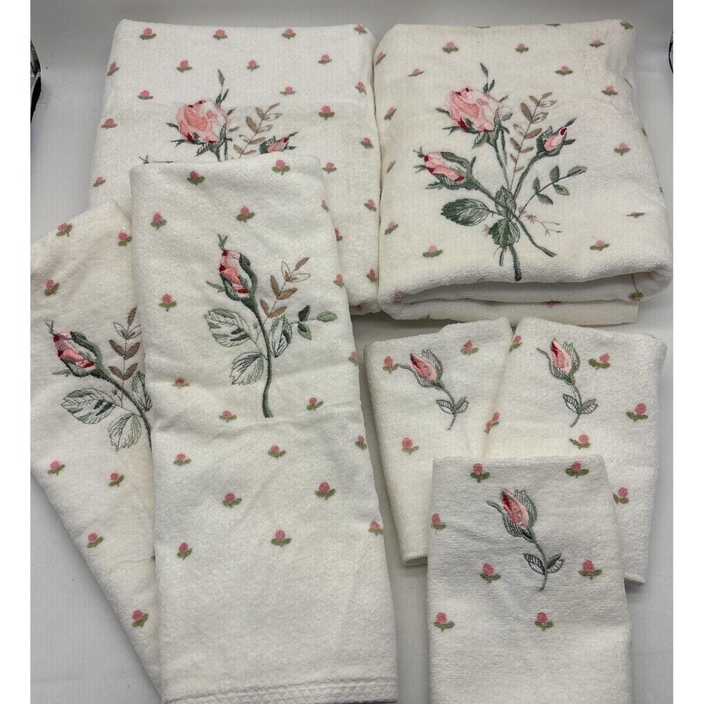 VTG  Springmaid embroidered rose towel set bathroom 2 Bath, 2hand, 3 Wash Read